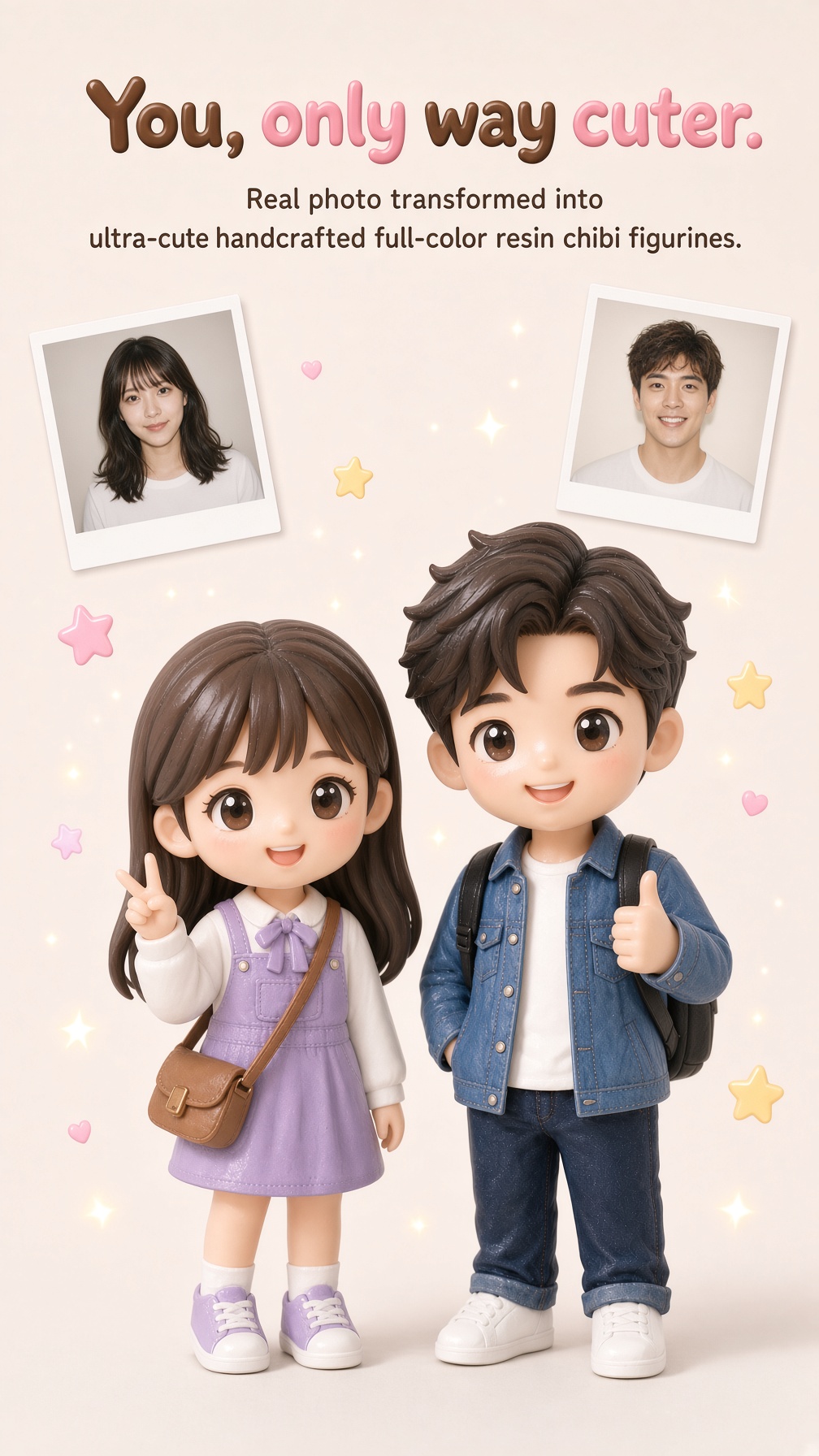 Photo to matching full-color resin chibi figurines — 6 cm and 7 cm.