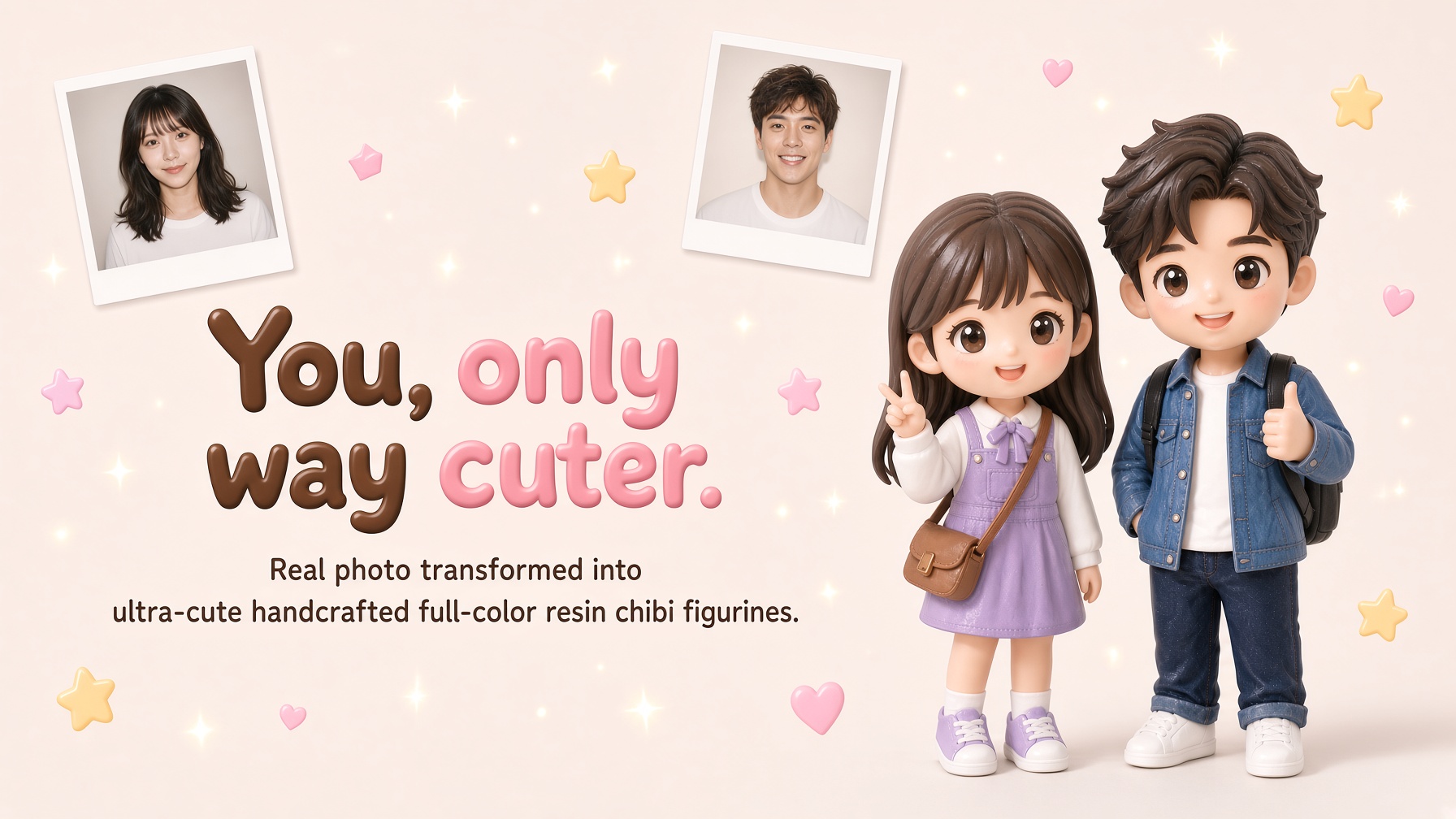 Photo to matching full-color resin chibi figurines — 6 cm and 7 cm.